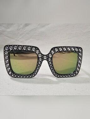 Crystal-Embellished Black Square Sunglasses with Green Mirrored Lenses